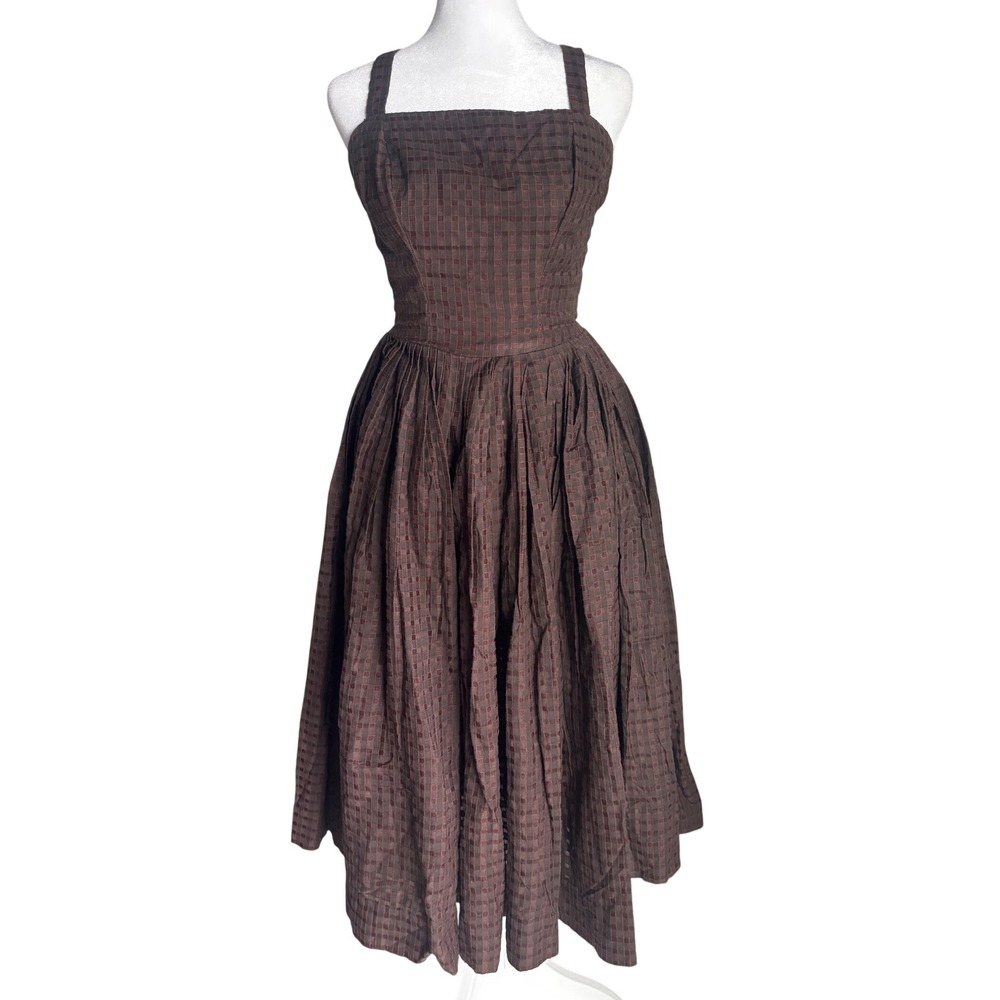 Vintage 1950s Suzy Perette Brown Check Fit Flare Dress Rare Mid Century 50s EUC